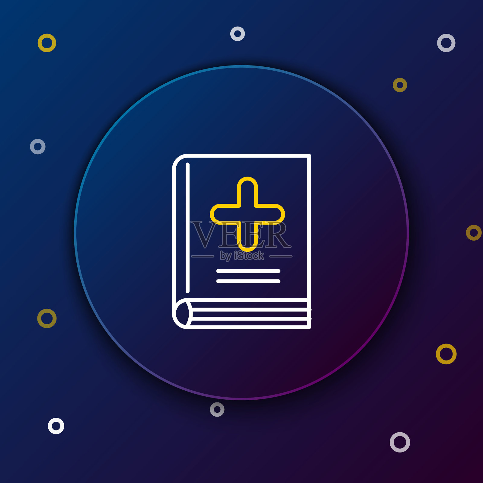 白色和黄色的线医学书籍图标隔离在深蓝色的背景。色彩缤纷的轮廓概念。矢量图插画图片素材