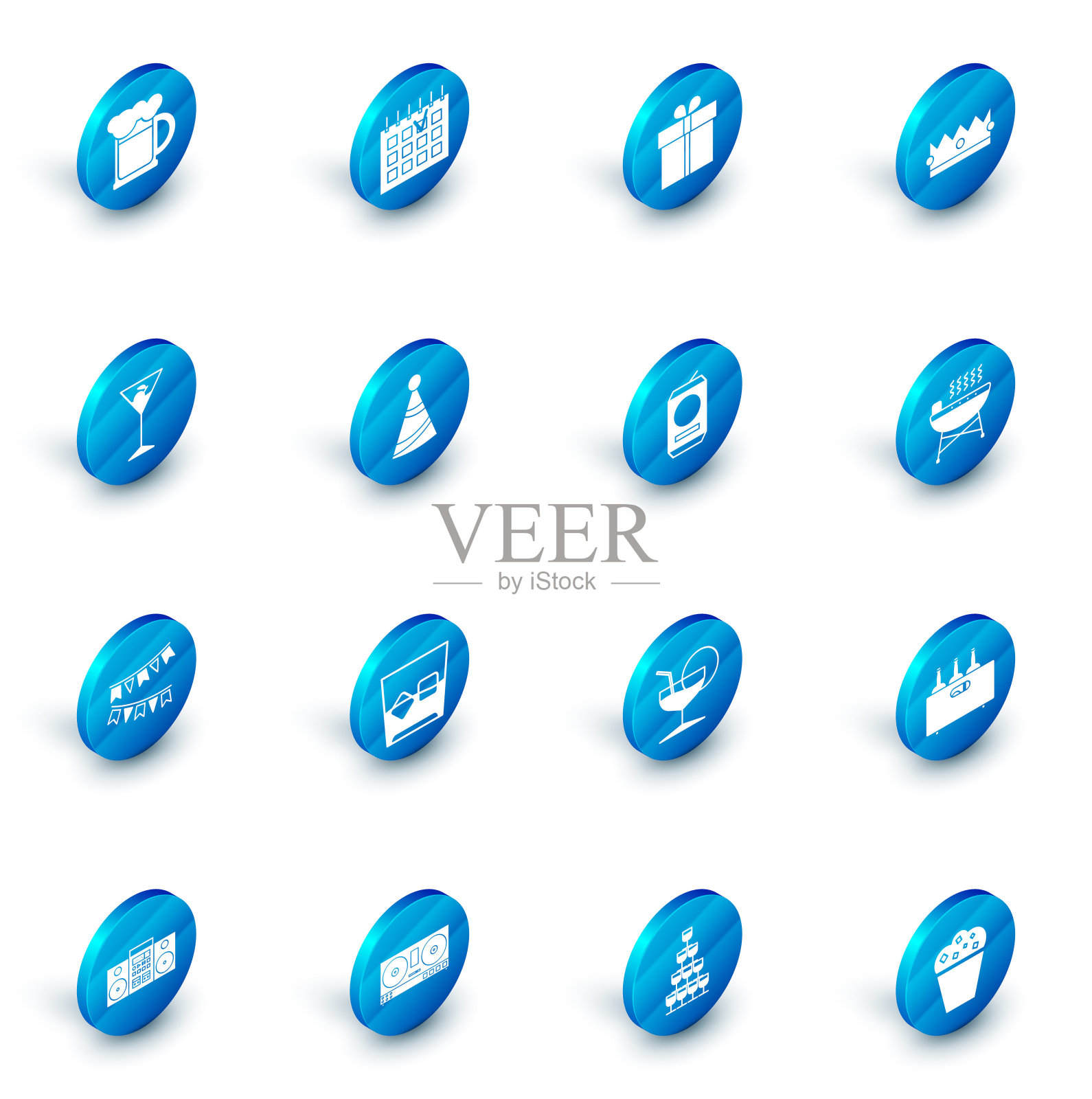 设定详细的日历,礼盒,皇冠,马提尼玻璃,嘉年华花环与旗帜,聚会帽,烧烤架和啤酒罐图标。向量插画图片素材