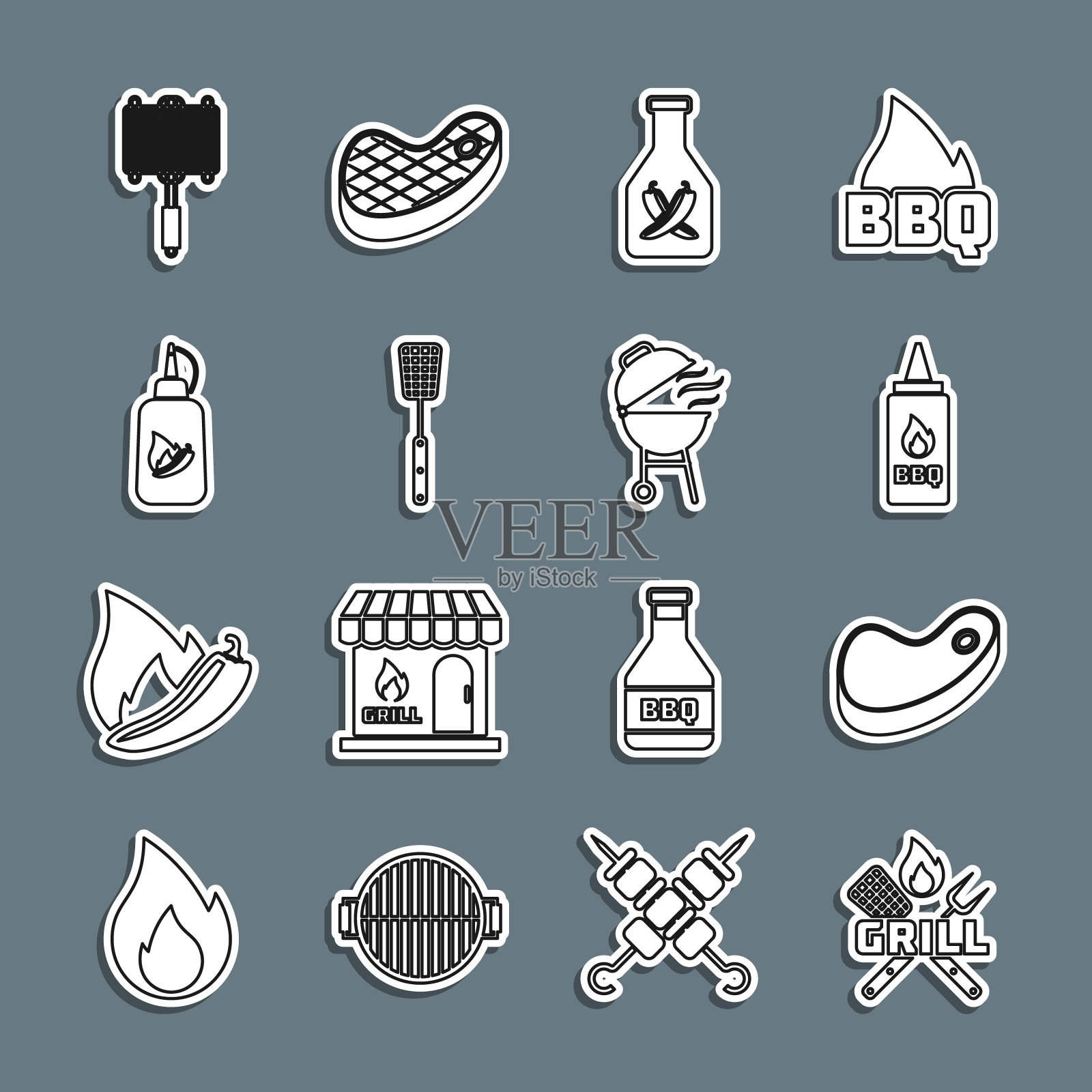 设置线交叉叉和刮刀,牛排肉,番茄酱瓶,烧烤,钢网格和烧烤图标。向量插画图片素材