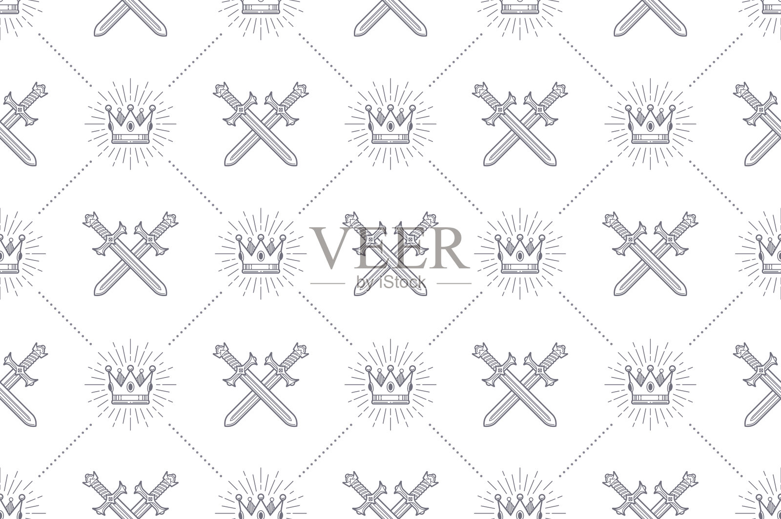 无缝图案,交叉的剑和皇冠。矢量背景设计的壁纸,包装纸,书的扉页,信封里面等。插画图片素材
