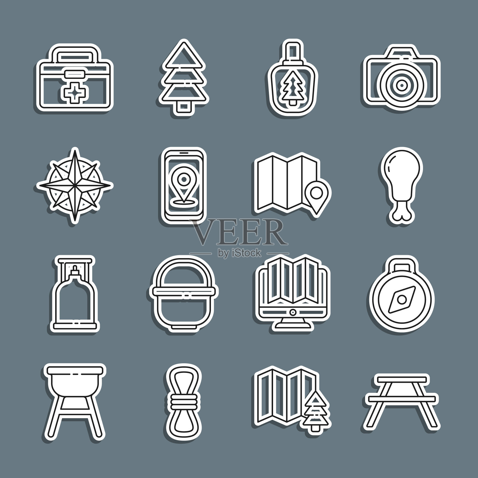 设置线野餐桌与长椅,指南针,鸡腿,水壶,城市地图导航,风玫瑰,急救箱和森林图标的位置。向量插画图片素材