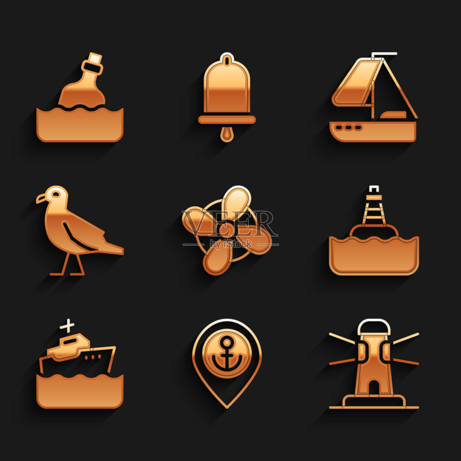 集船螺旋桨,位置与锚,灯塔,浮筒,游轮,鸟海鸥,游艇帆船和瓶子信息水图标。向量插画图片素材