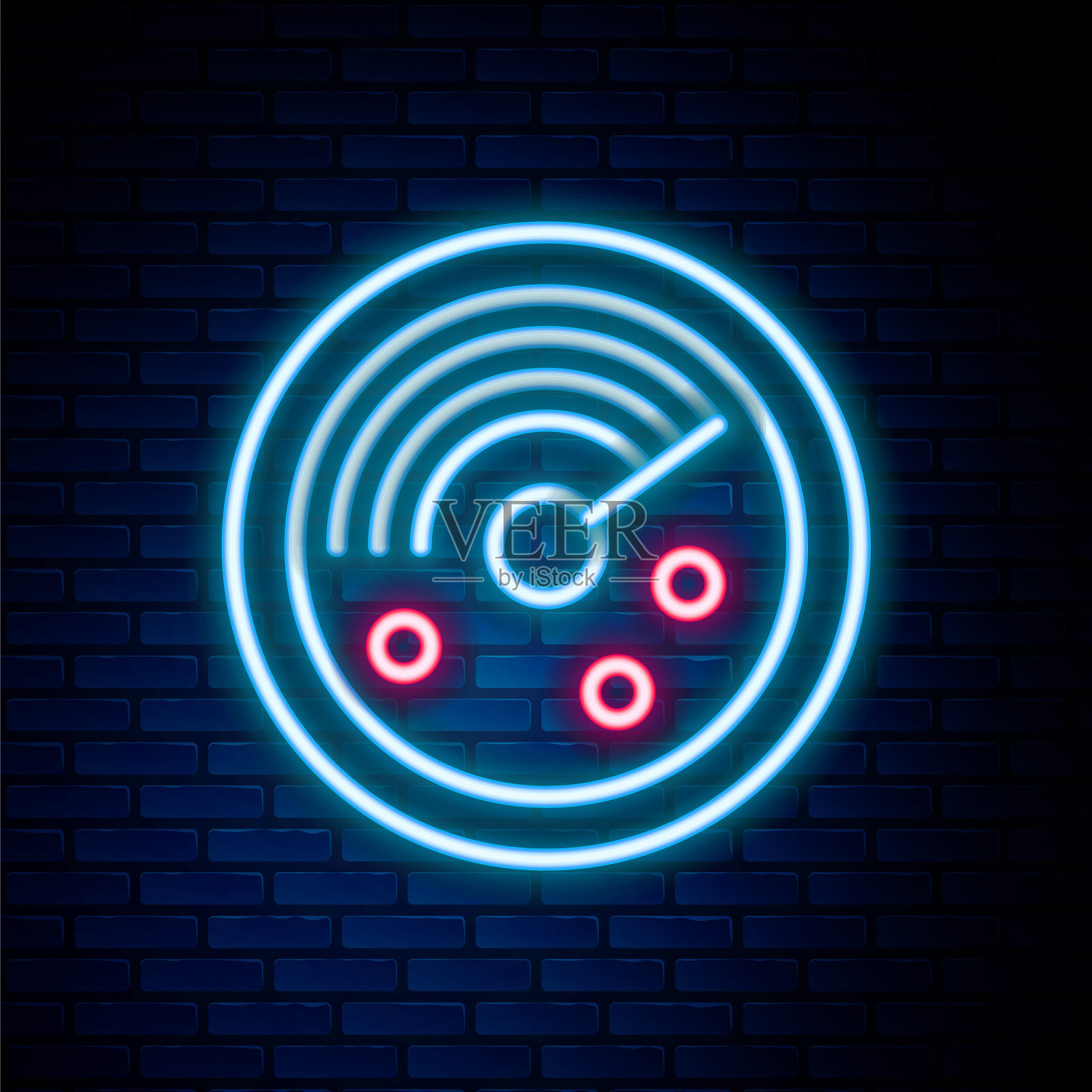 发光的霓虹灯线雷达与目标在监视器上搜索图标孤立的砖墙背景。搜索系统。海军声纳。色彩缤纷的轮廓概念。向量插画图片素材