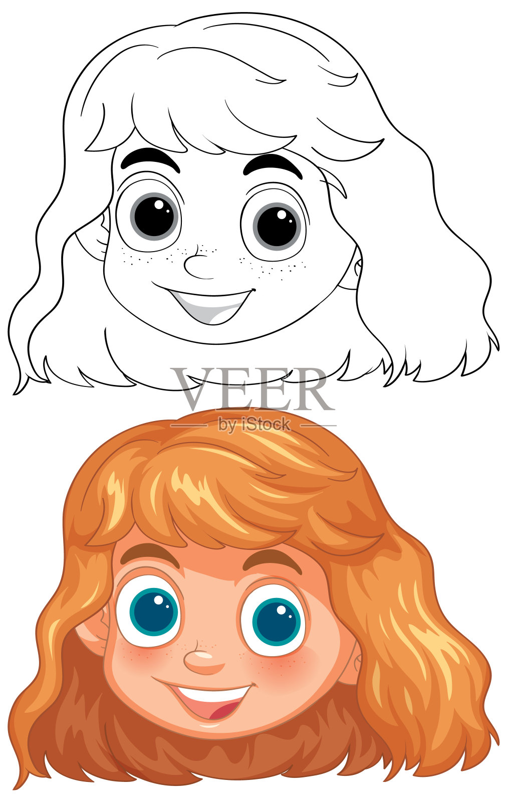 彩色和线条艺术肖像的一个快乐的女孩插画图片素材