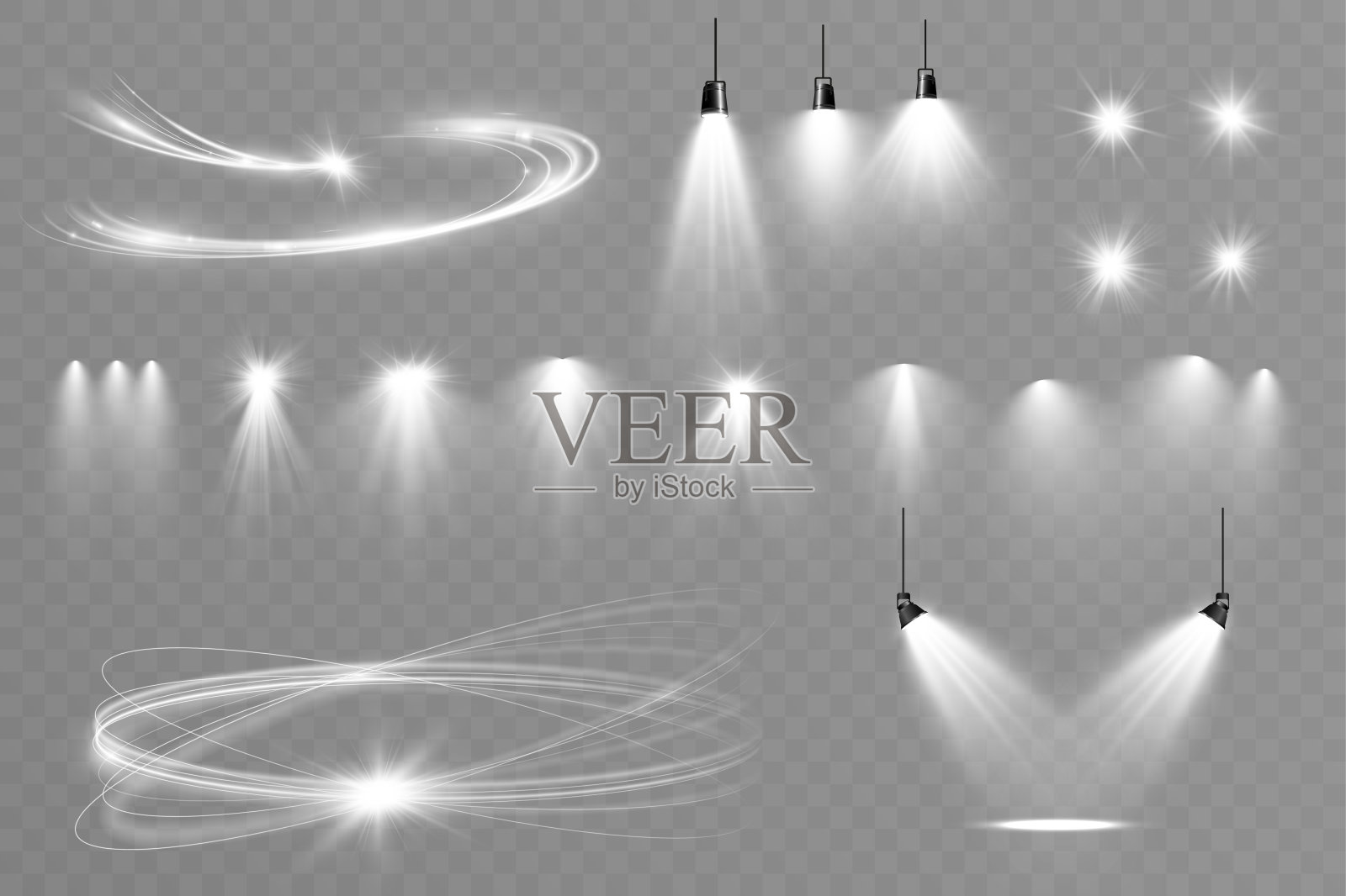 光的白色波和聚光灯,流星闪耀效果,矢量辉光线闪闪发光。银色波浪效果。插画图片素材