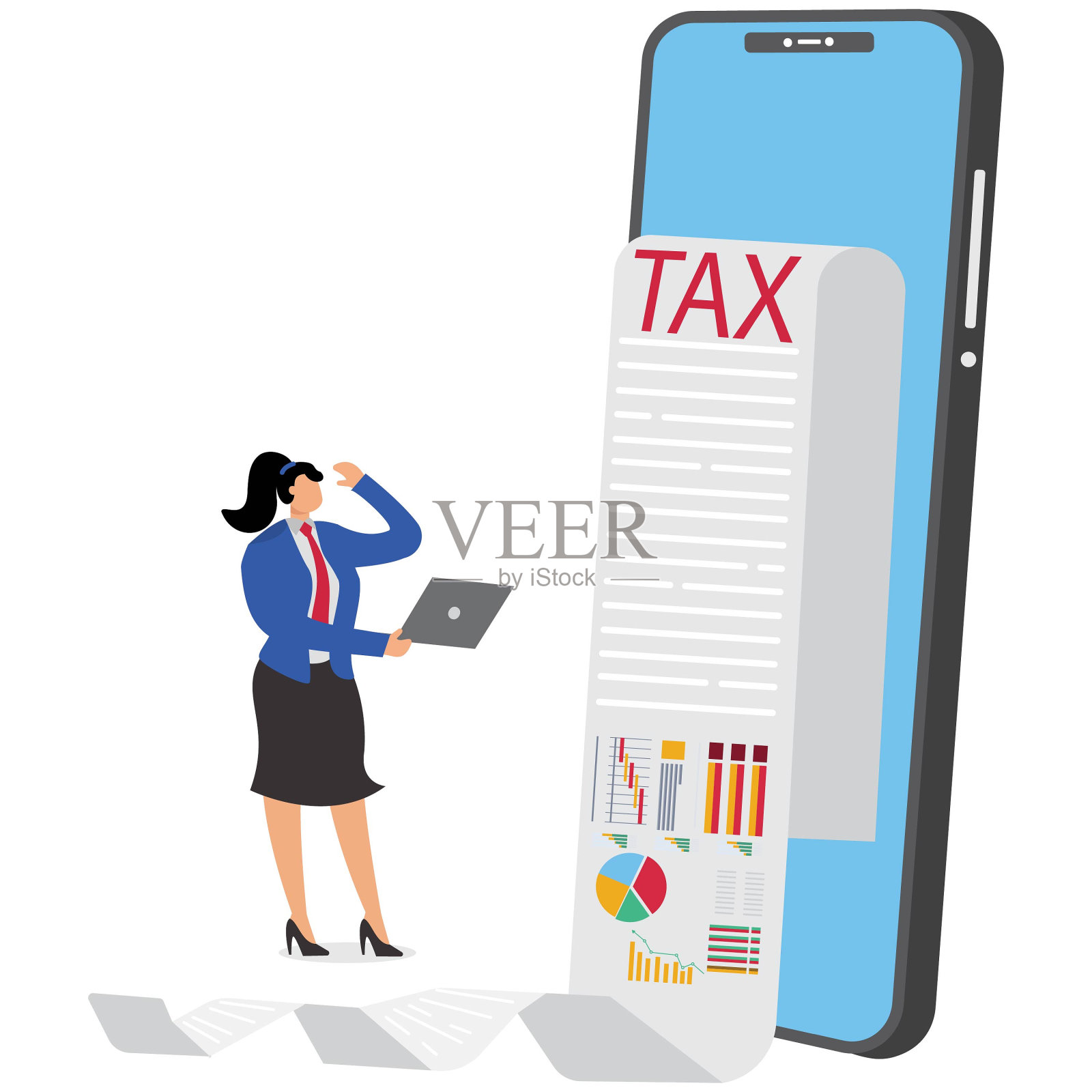 网上税务女商人,网上报税概念,女商人在线填写税务表格文件插画图片素材