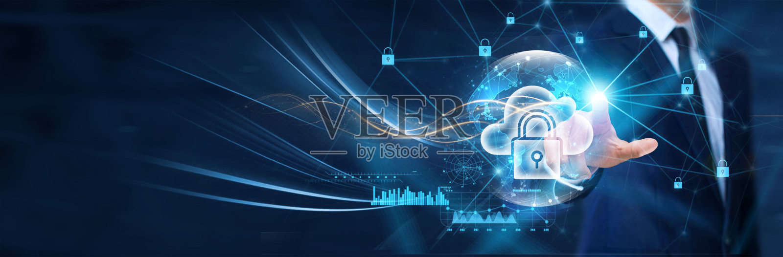云安全技术,商家触摸云安全图标构建全球网络。确保业务数据在广泛的全球连接云基础设施中安全流动。照片摄影图片