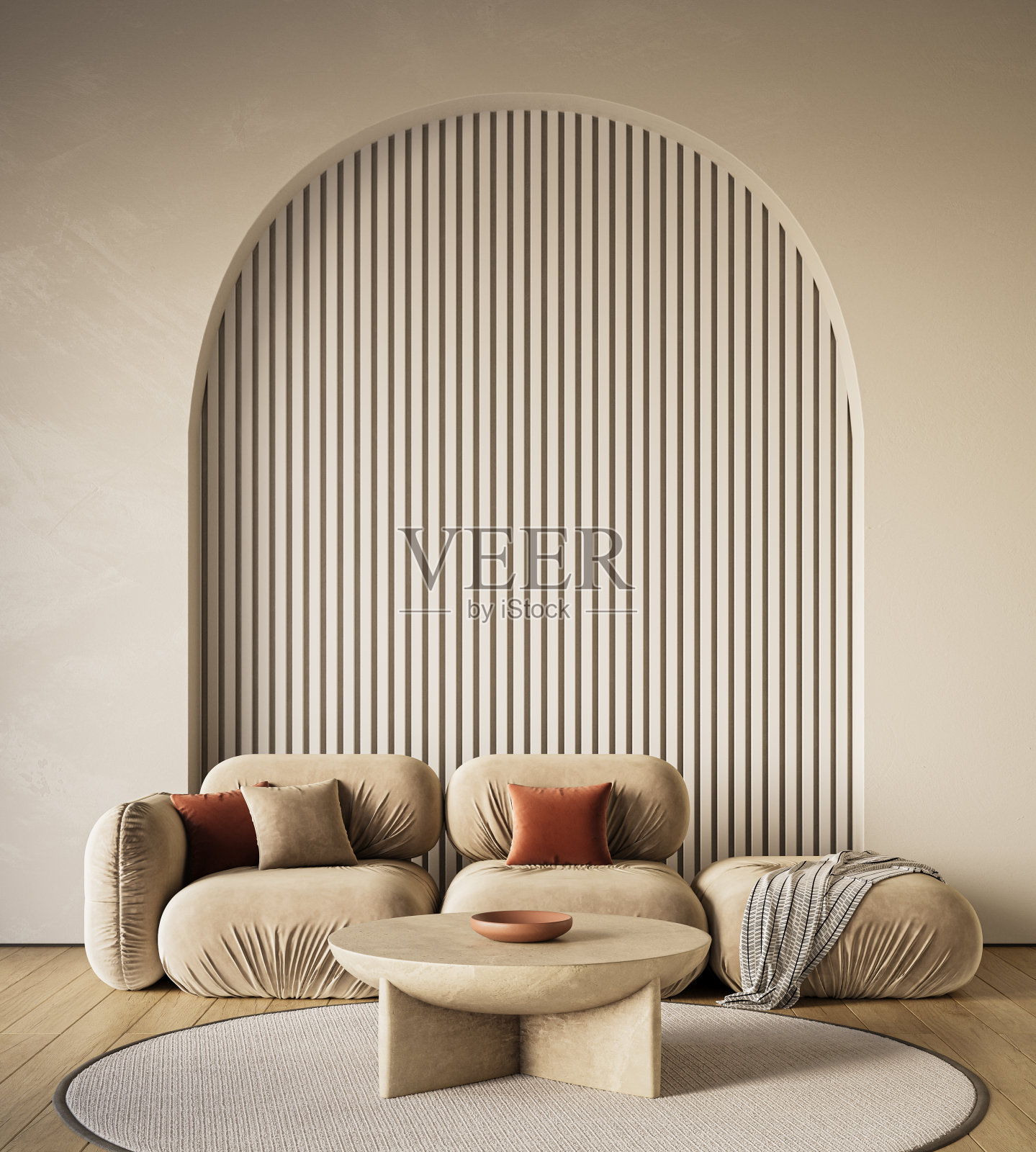 带拱墙的现代公寓室内设计模型。副本的空间。模板,3d渲染照片摄影图片