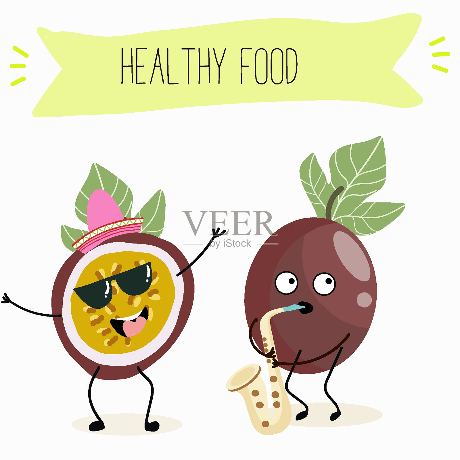 可爱的百香果人物,有趣的水果,有趣的浆果与不同的活动。平面矢量插图。有机食品,健康食品,儿童插图菜单,请柬。插画图片素材