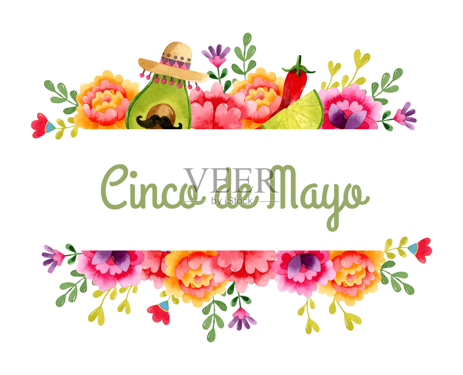 墨西哥花卉水彩框架与鳄梨,青柠和墨西哥胡椒插画图片素材