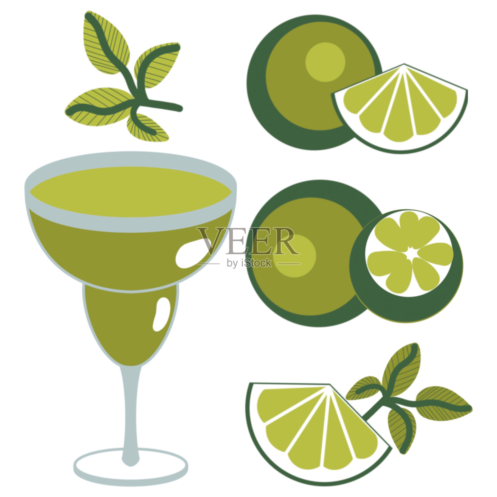 一组鸡尾酒和酸橙的插图,整个和切片在白色背景上手绘插画图片素材