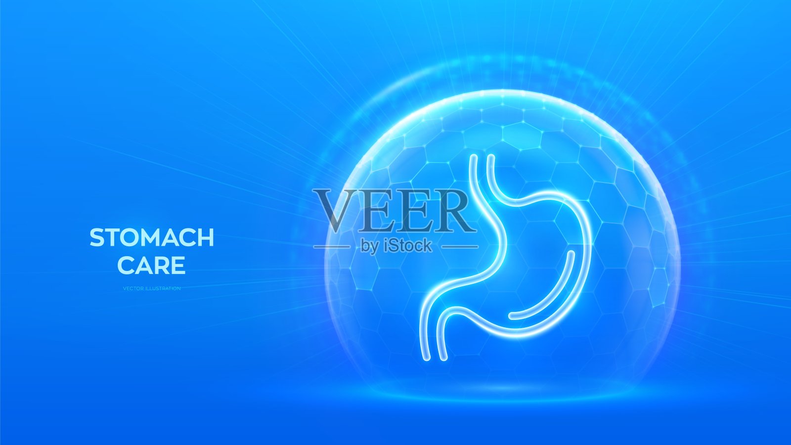 胃的护理和保护。健康肠胃医疗理念。人体胃解剖器官图标内保护球盾与六边形图案在蓝色背景。矢量插图。插画图片素材