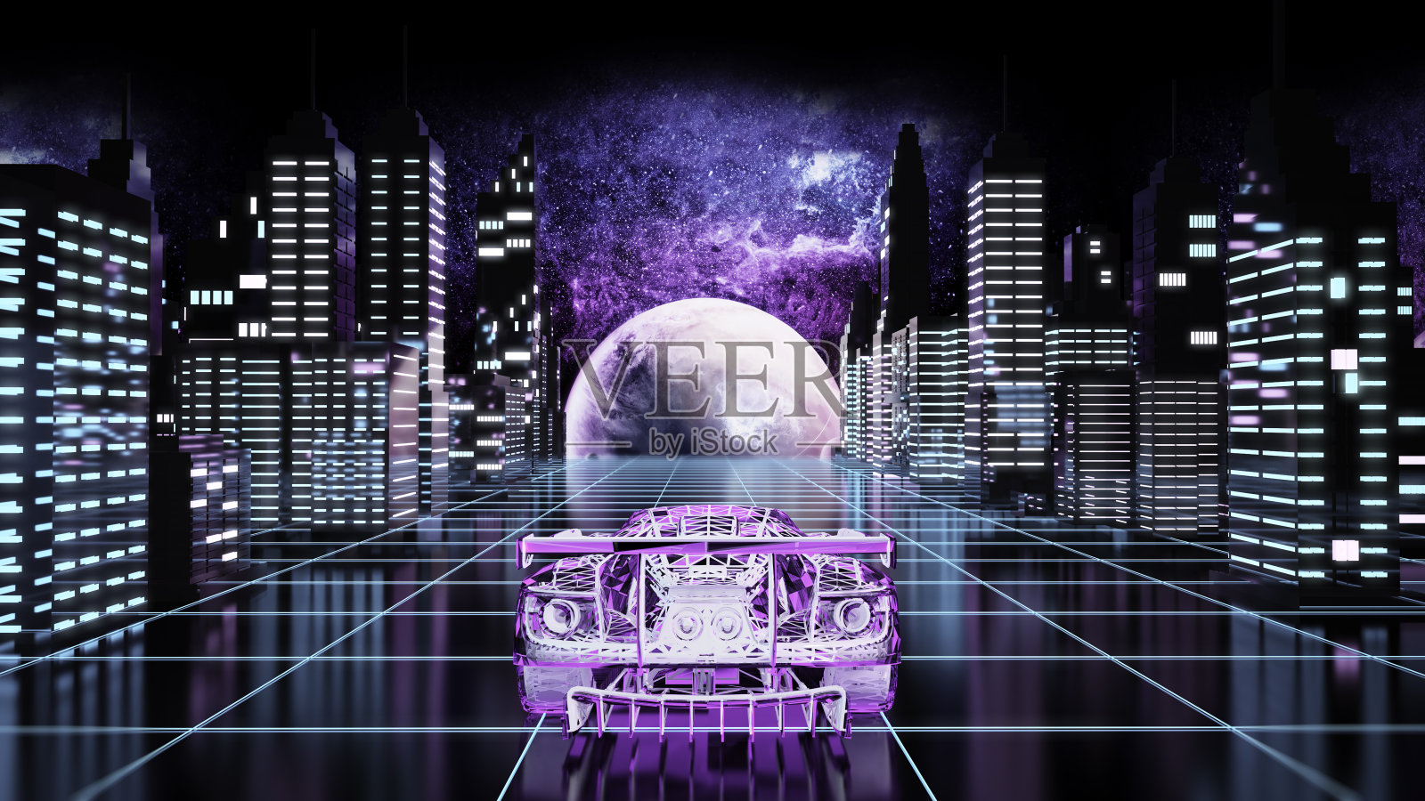 一辆虚拟跑车沿着超现实的城市景观行驶,巨大的月亮在摩天大楼之间升起。虚拟世界和网络空间概念照片摄影图片