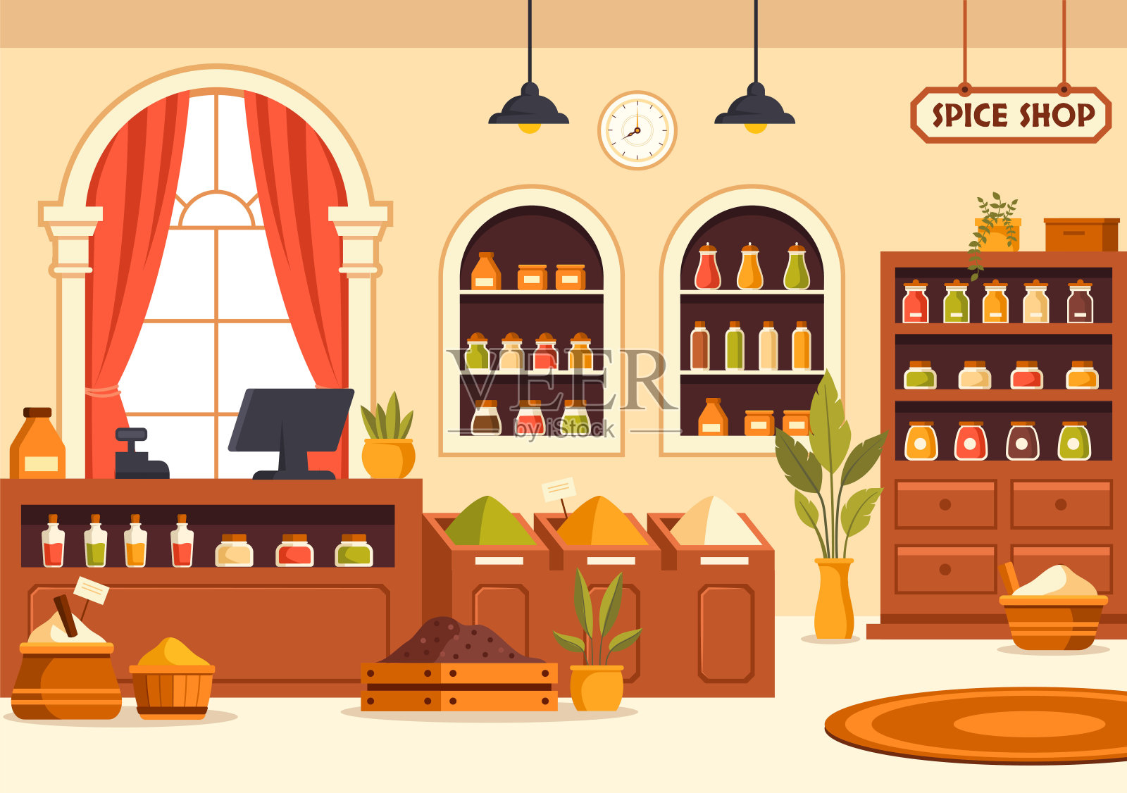 香料店矢量插图与不同的辣酱,调味品,异国情调的新鲜调味料和传统草药在平面卡通背景插画图片素材