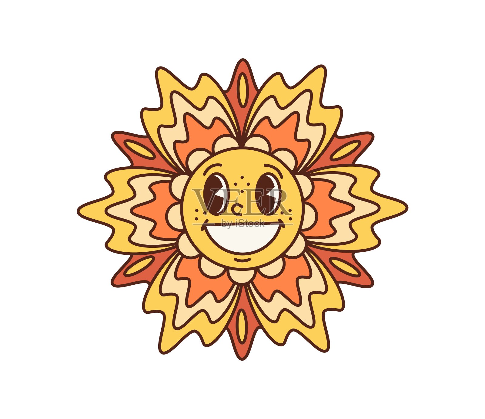 卡通复古潮花,夏日花园盛开。插画图片素材