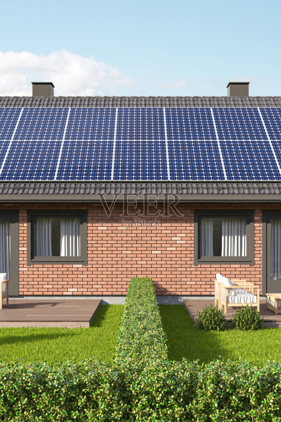 现代砖房屋顶上的太阳能电池板照片摄影图片