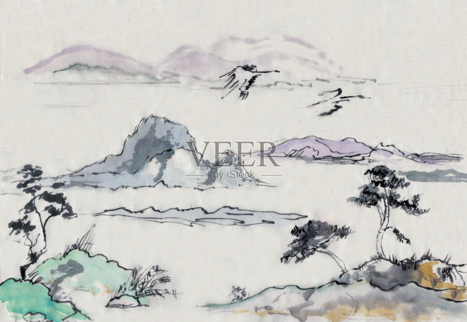 苍鹭在山间的湖面上飞翔插画图片素材