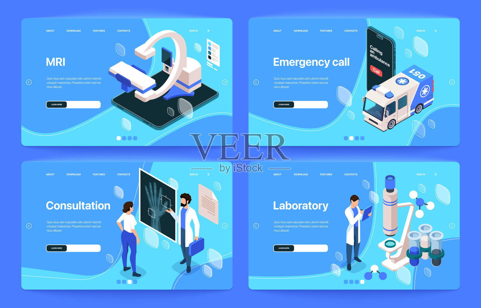 四个与医疗服务相关的等距插图:MRI,紧急呼叫,医生咨询,蓝色背景的实验室。矢量图插画图片素材
