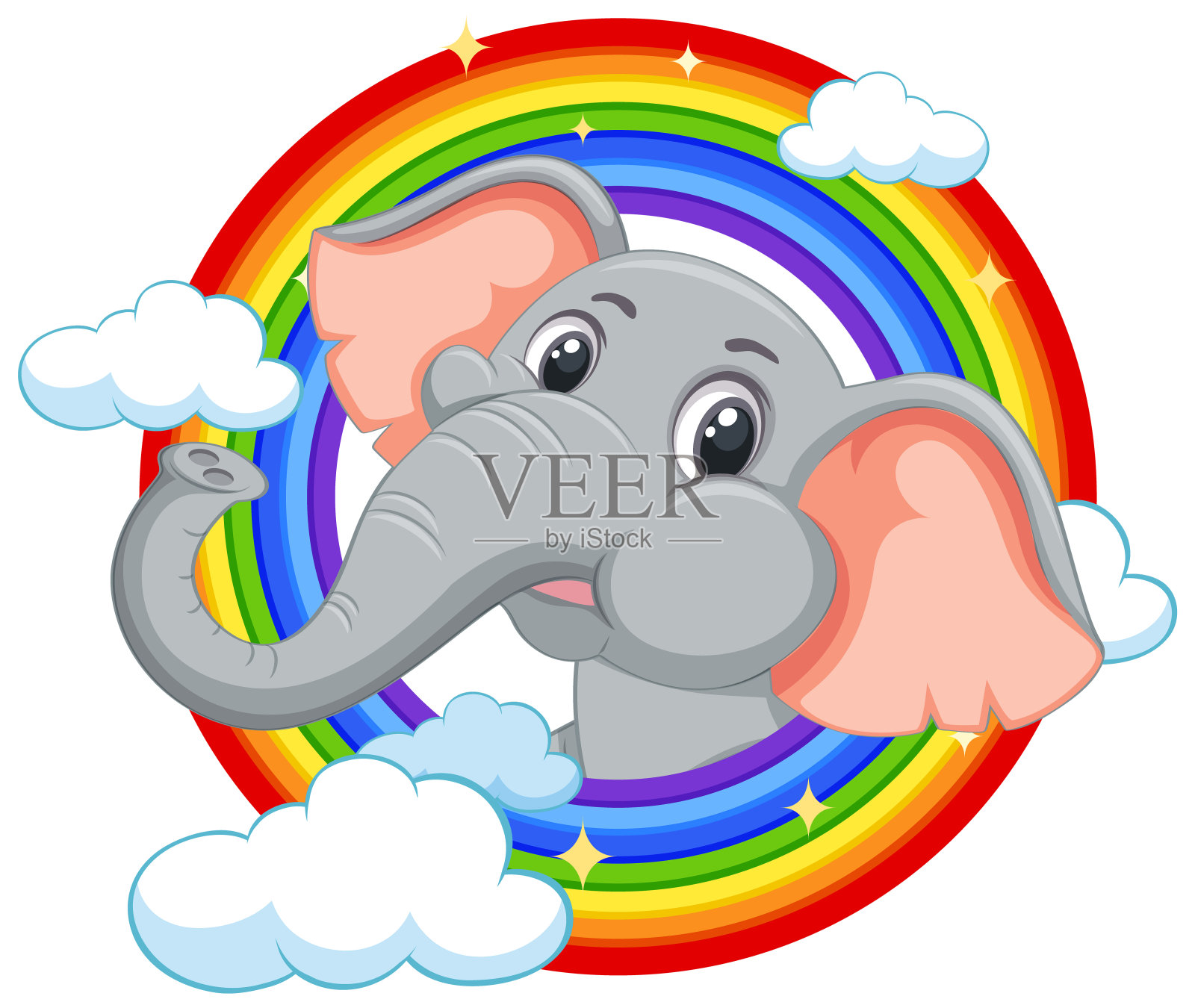 卡通大象被鲜艳的彩虹包围插画图片素材