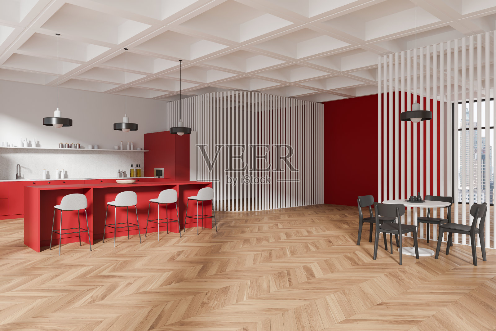 现代厨房内部与红色元素,木地板和时尚的家具在日光背景。三维渲染照片摄影图片