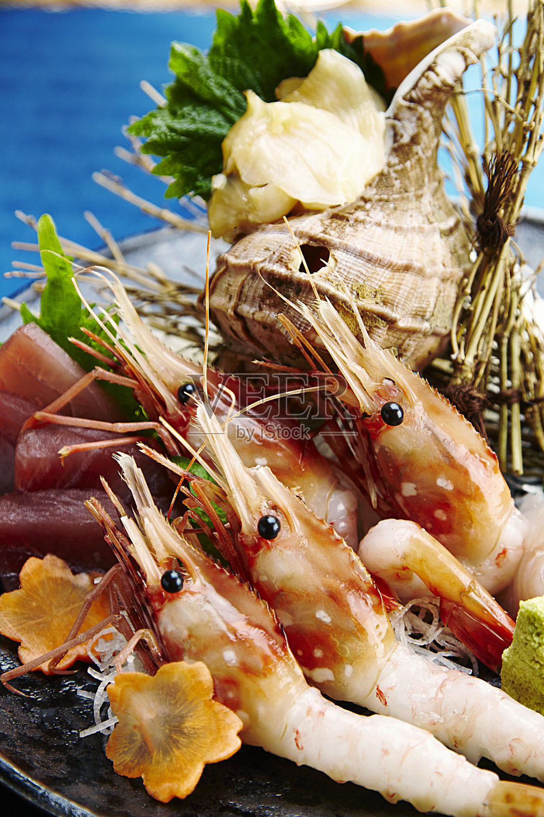 金枪鱼,植物虾和海螺什锦生鱼片照片摄影图片