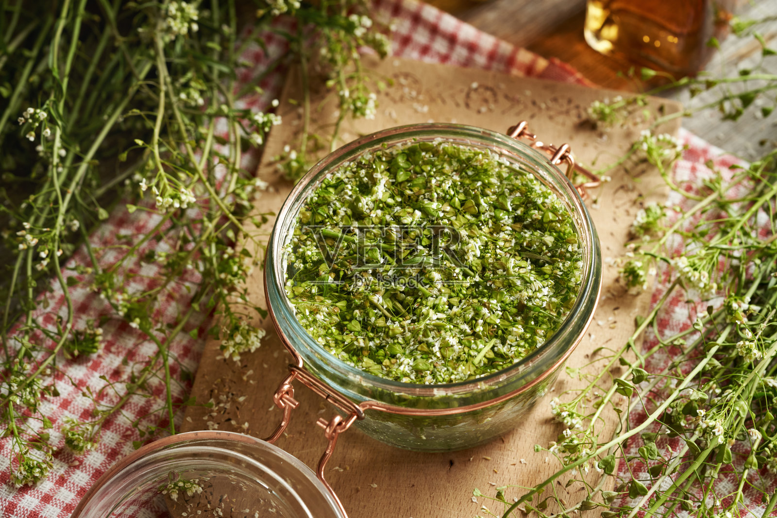 从新鲜盛开的荠菜植物中制备草药酊剂照片摄影图片