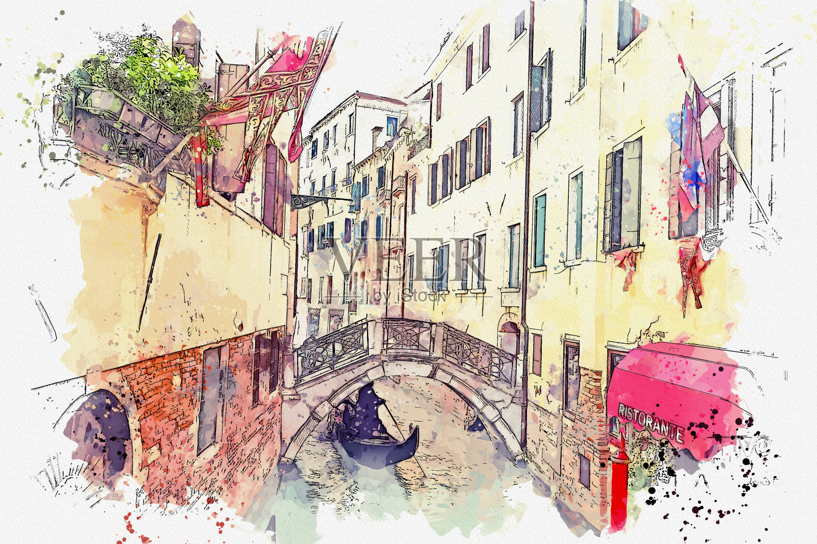 意大利尼斯美丽岛屿的水彩画风景画。插画图片素材