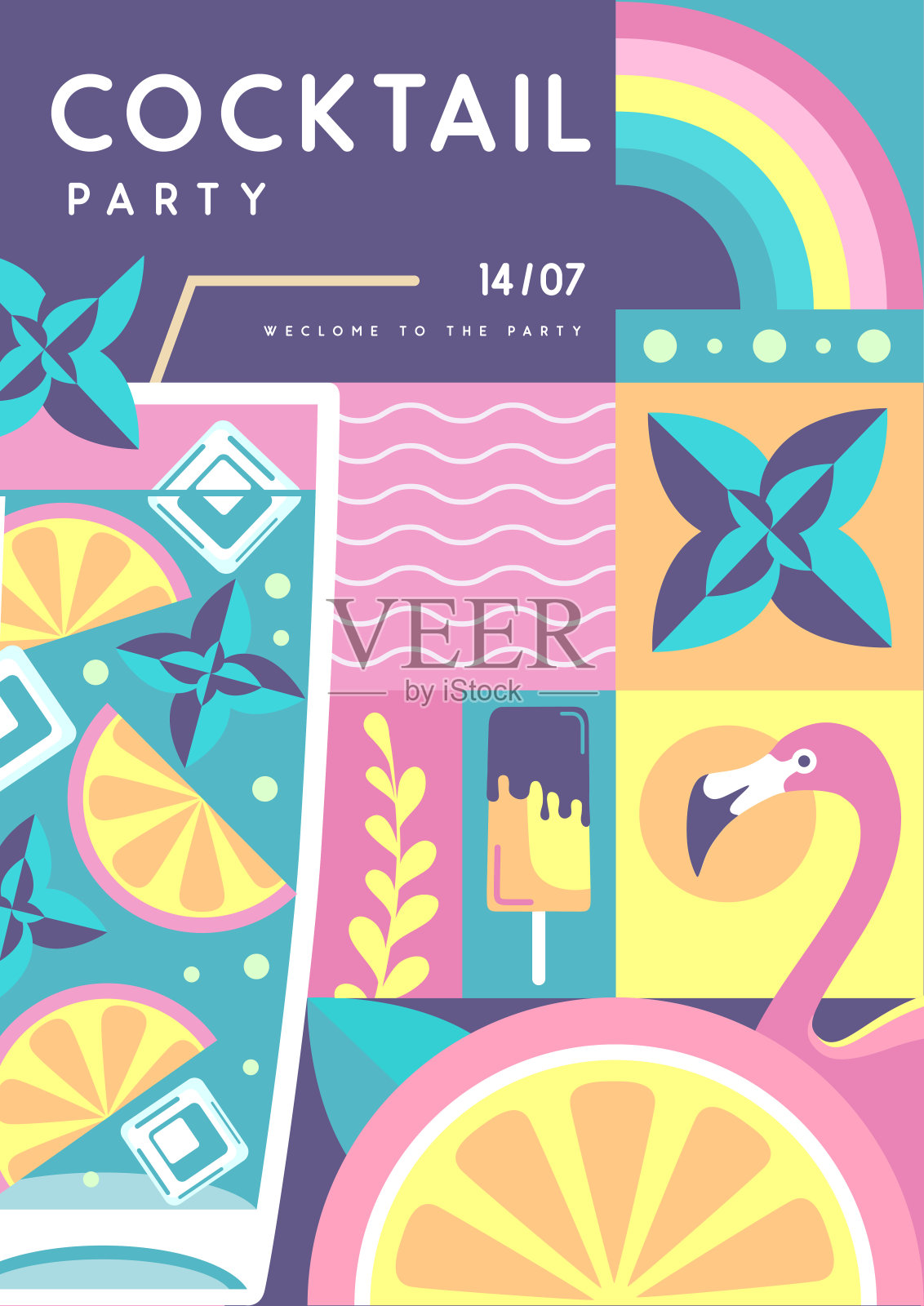 复古平夏季迪斯科派对海报与夏季的属性。莫吉托鸡尾酒,火烈鸟,冰淇淋,彩虹和橘子。矢量图插画图片素材