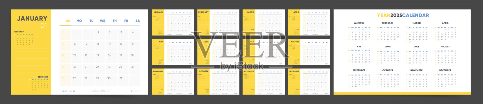 2025年日历模板。黄色现代设计与每月水平页面。每月计划2025书桌,墙壁,或表。A4布局是办公室品牌和企业使用的理想选择。插画图片素材