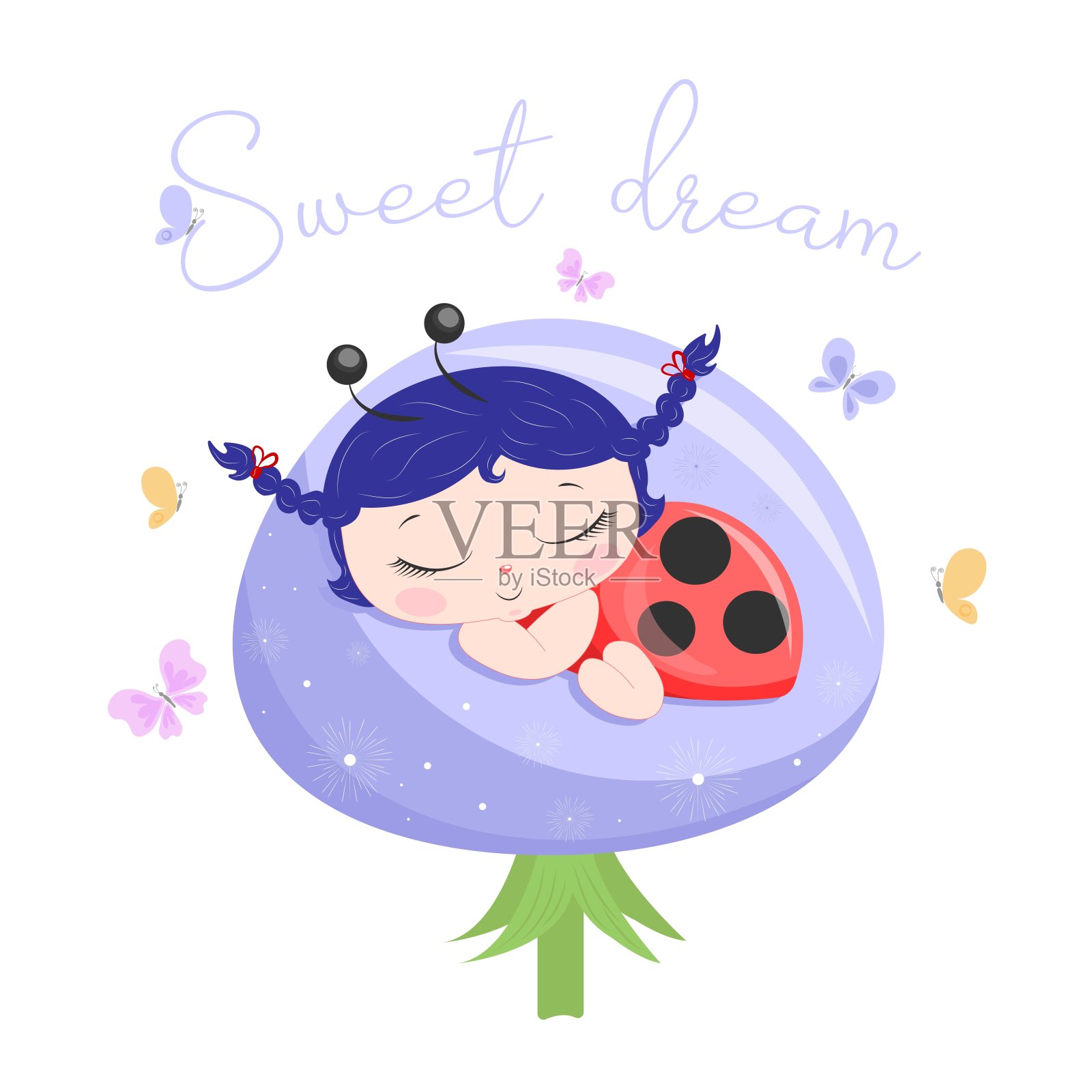 蒲公英上的瓢虫。儿童服装印花。甜蜜的梦插画图片素材