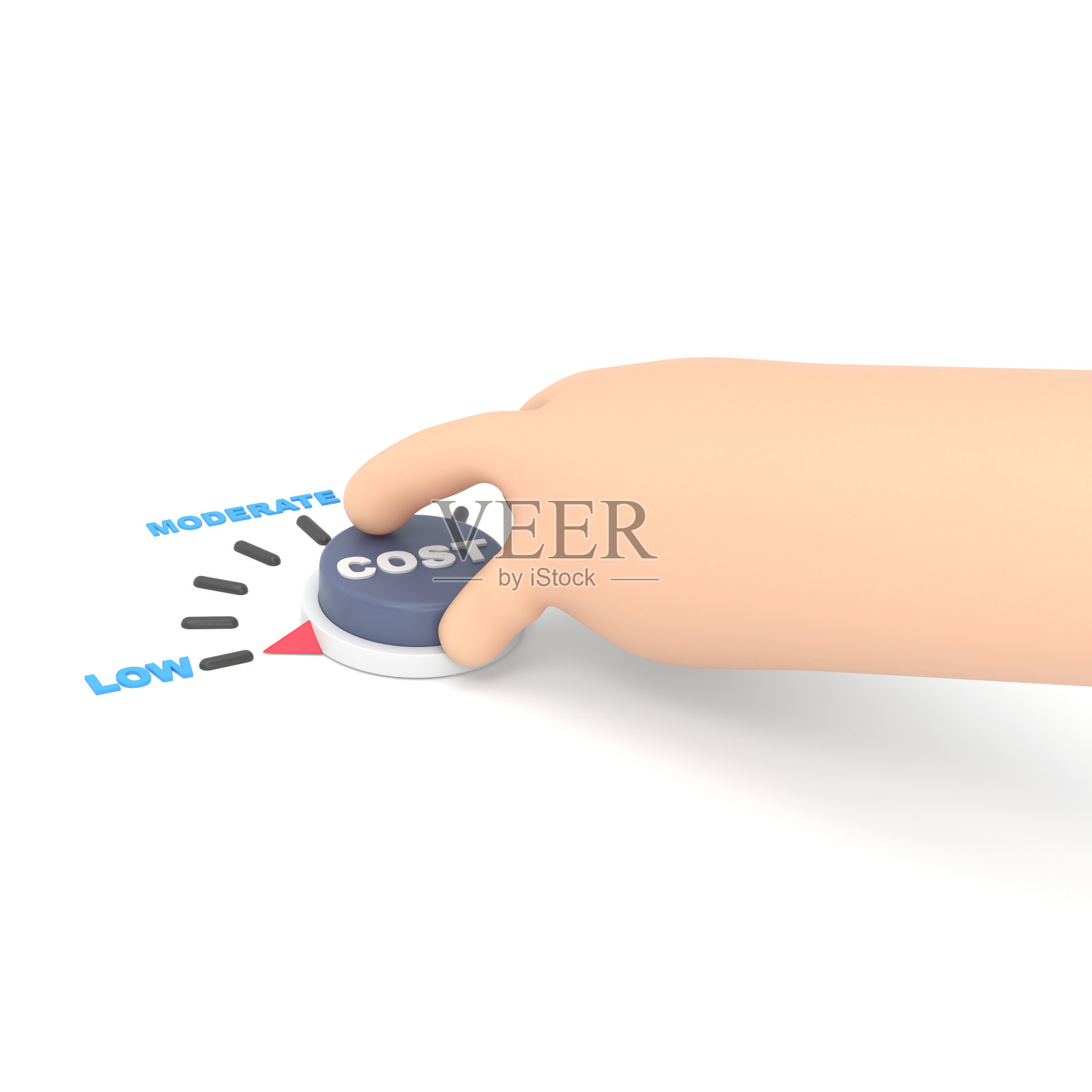 卡通手势图标模型。平面三维等距商人手转成本拨号到低位置。降低成本的管理理念。白色背景的3D渲染。照片摄影图片