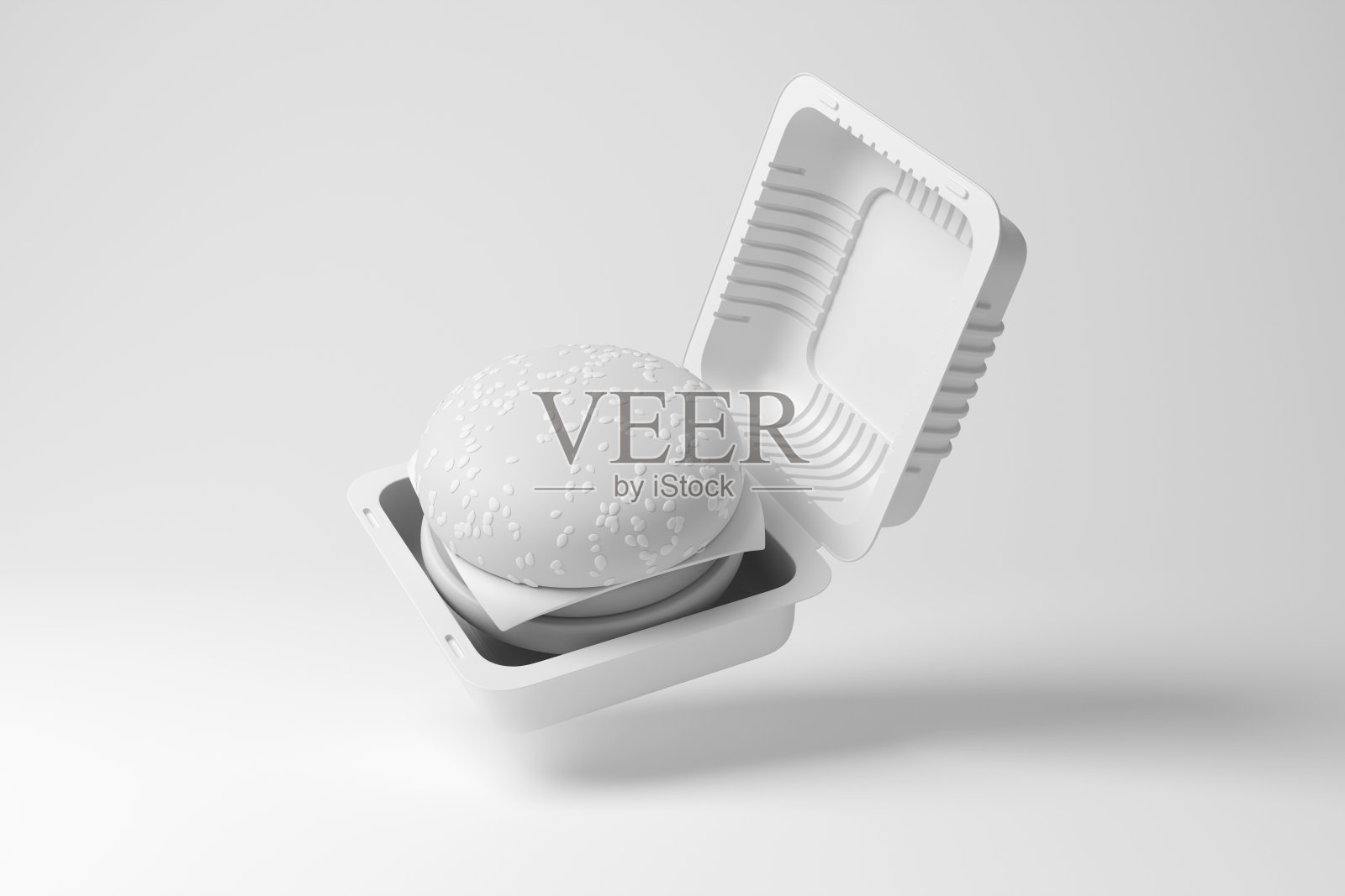 白色汉堡装在一个方形塑料盒里漂浮在半空中,单色简约。图示快餐店、不健康垃圾食品和一次性容器的概念照片摄影图片