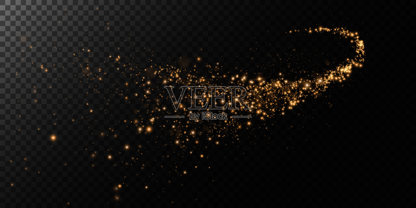 尘埃的火花和金色的星星闪耀着特殊的光芒。矢量火花透明的黑色背景。圣诞灯光效果。闪闪发光的魔法尘埃颗粒。插画图片素材