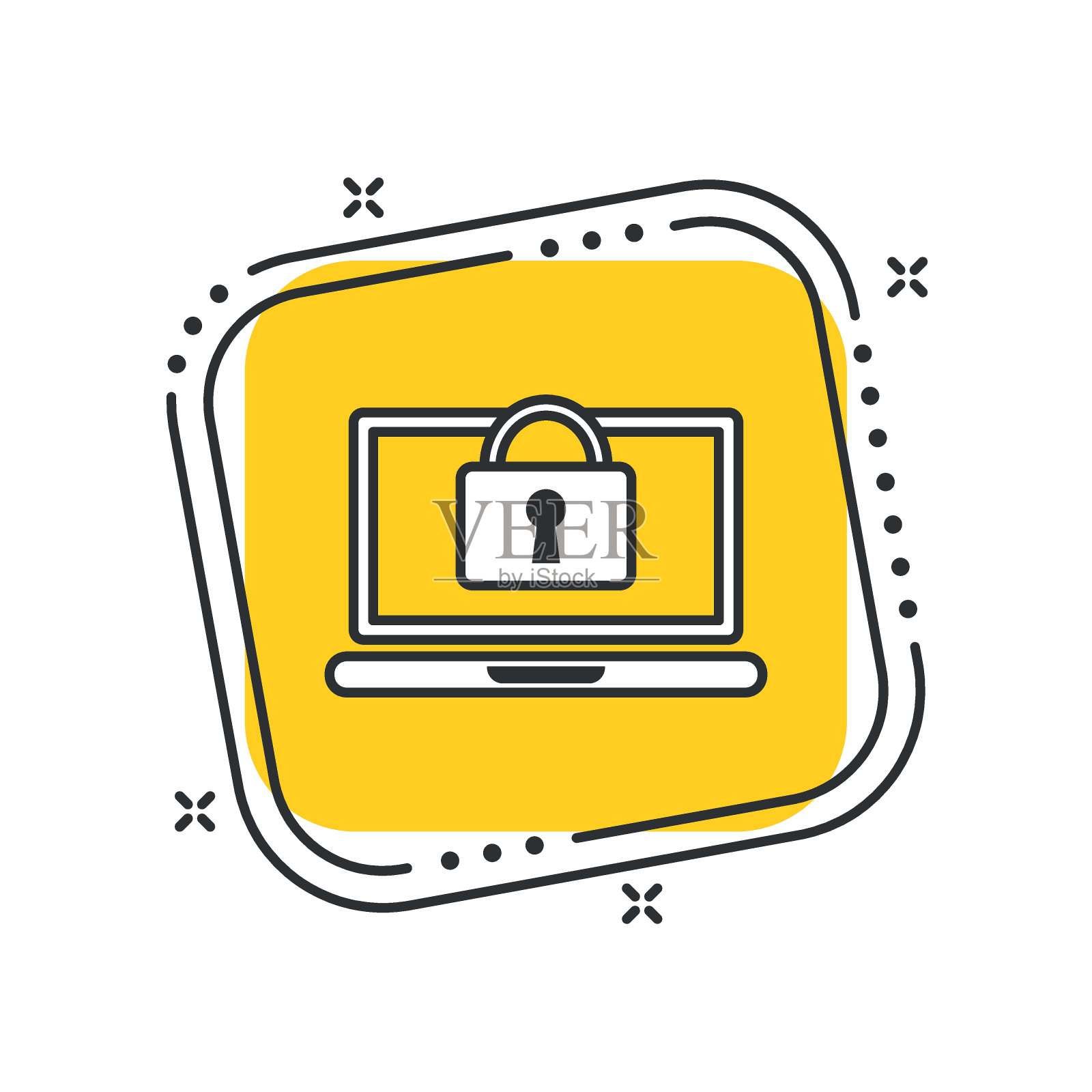 卡通笔记本电脑与锁图标矢量插图。挂锁上孤立的黄色方形背景。访问标志概念。插画图片素材