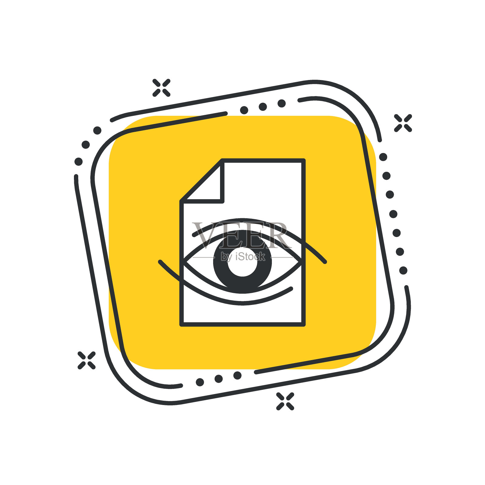 卡通文档与眼睛图标矢量插图。文件图标孤立的黄色方形背景。报告标志概念。插画图片素材