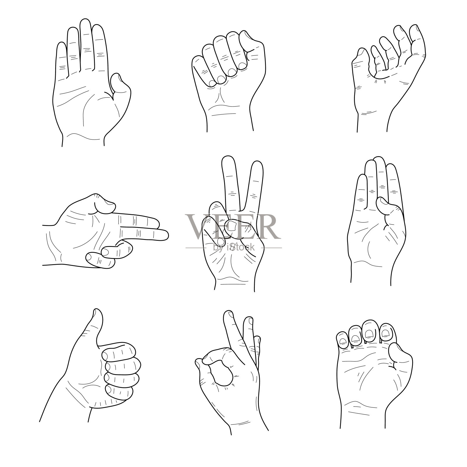 白色背景上的男性手势集合。草图向量。插画图片素材