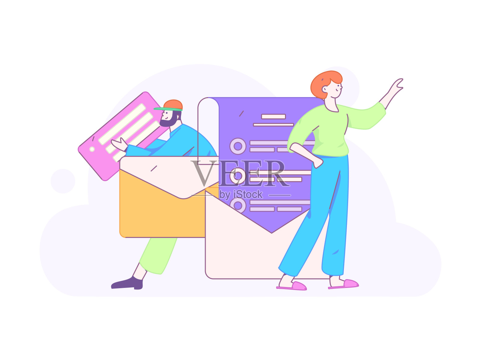 平面矢量插图的业务人员操作的工作场景插画图片素材