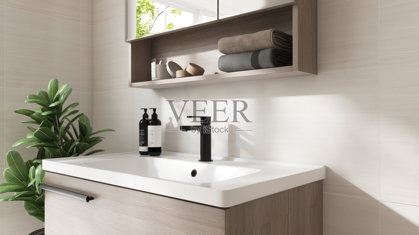 木质棕色梳妆台,脸盆,阳光下的镜子柜,奶油色瓷砖墙上的影子照片摄影图片