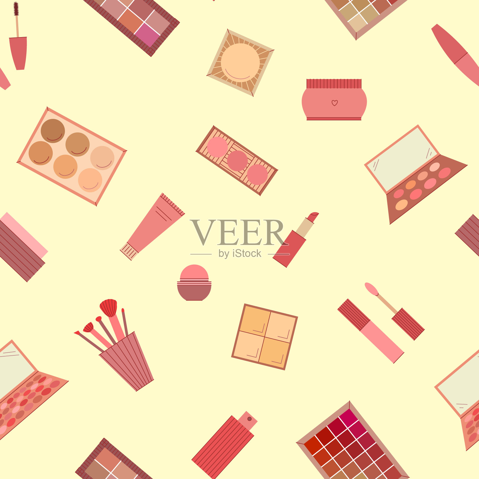 装饰化妆品的无缝图案。眼影盘、腮红、睫毛膏、光泽、口红、面霜、化妆刷。矢量图插画图片素材
