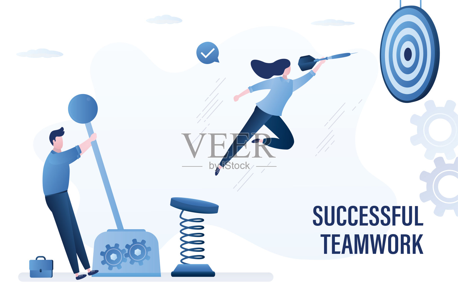 商人为同事的跳高拉机构的大杠杆和推钢弹簧。启动发射。实现的目标。成功的团队合作、协作。插画图片素材