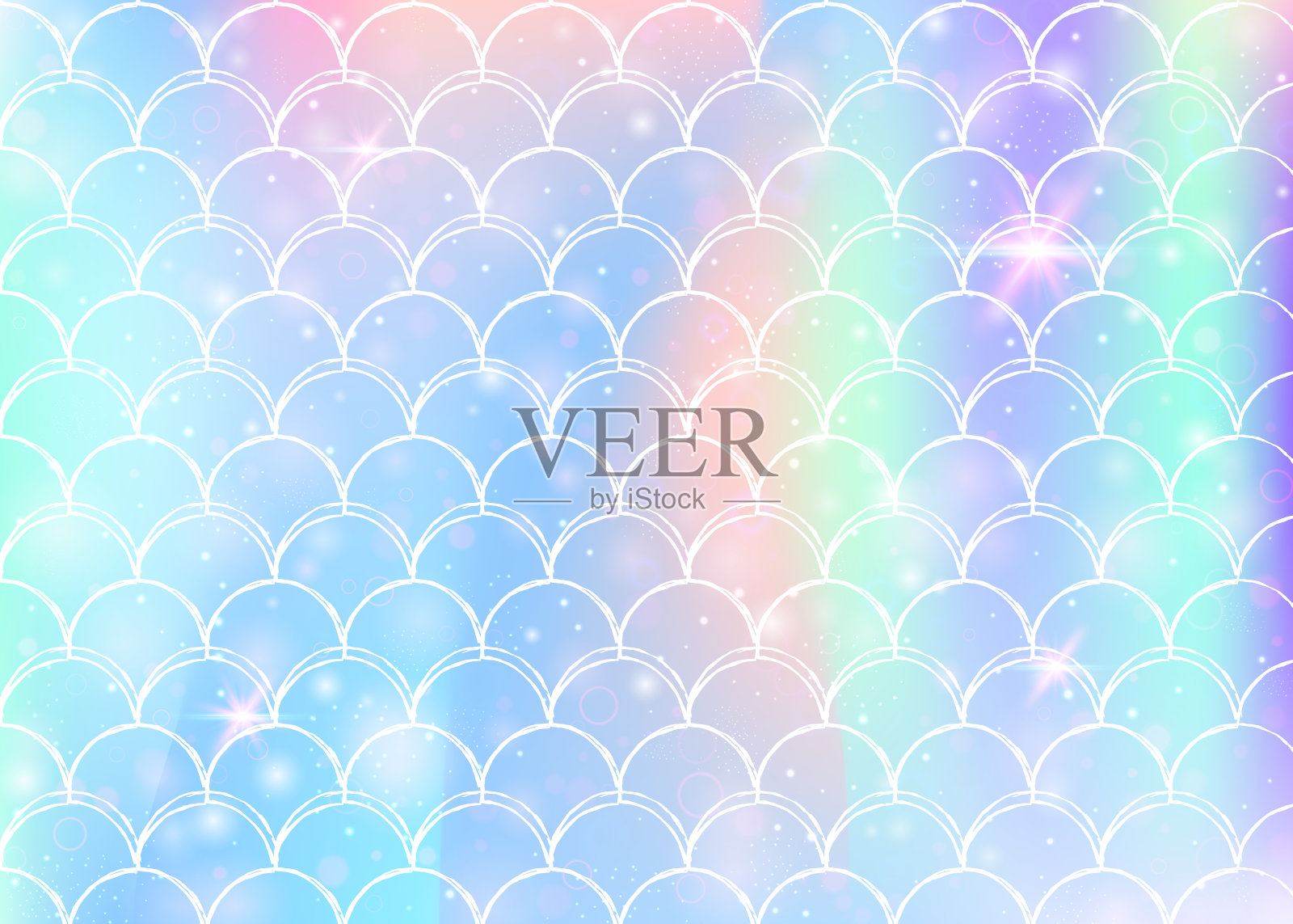 公主美人鱼背景与卡哇伊彩虹鳞片图案。插画图片素材