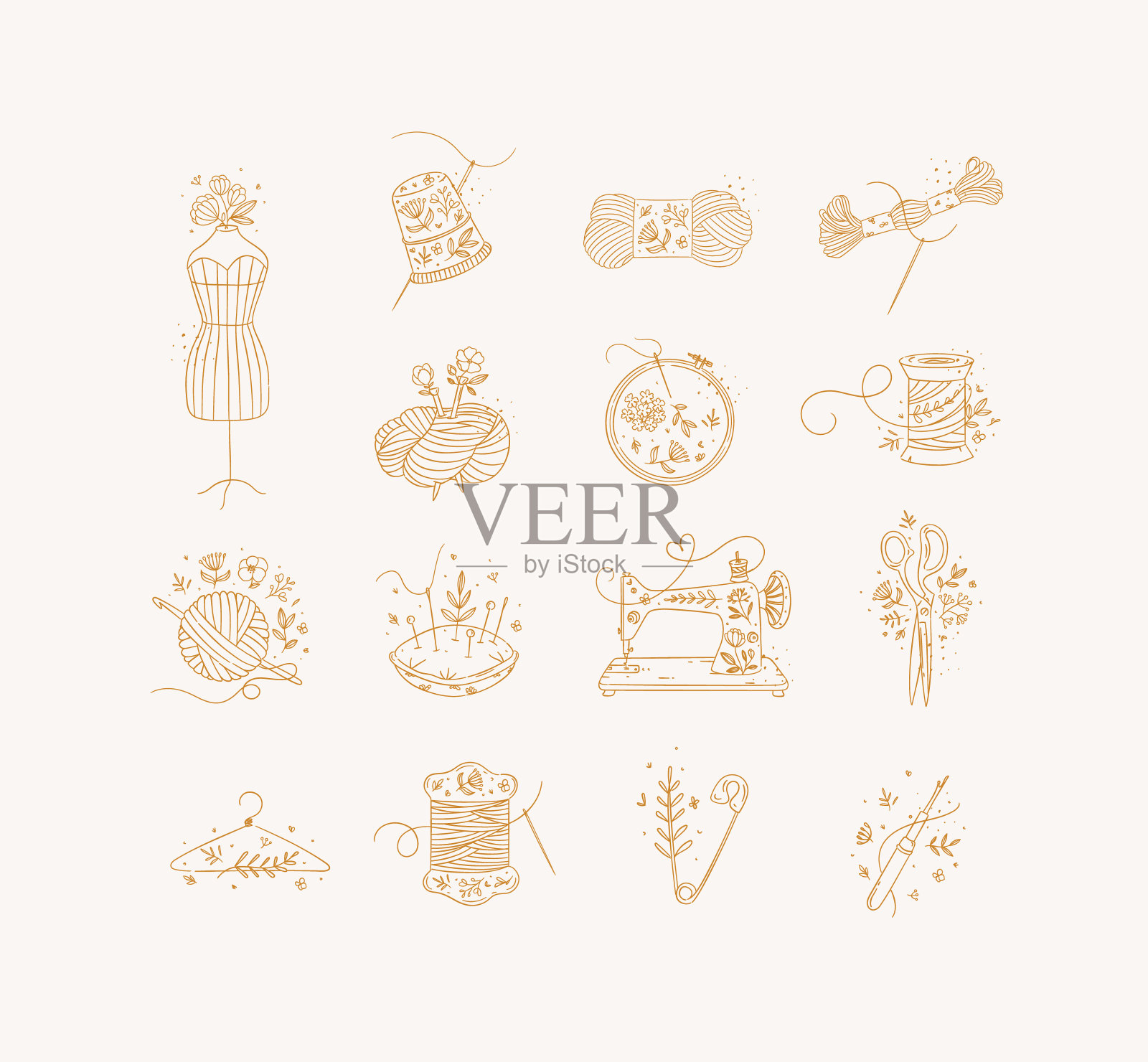 缝纫项目图标花风格米色插画图片素材