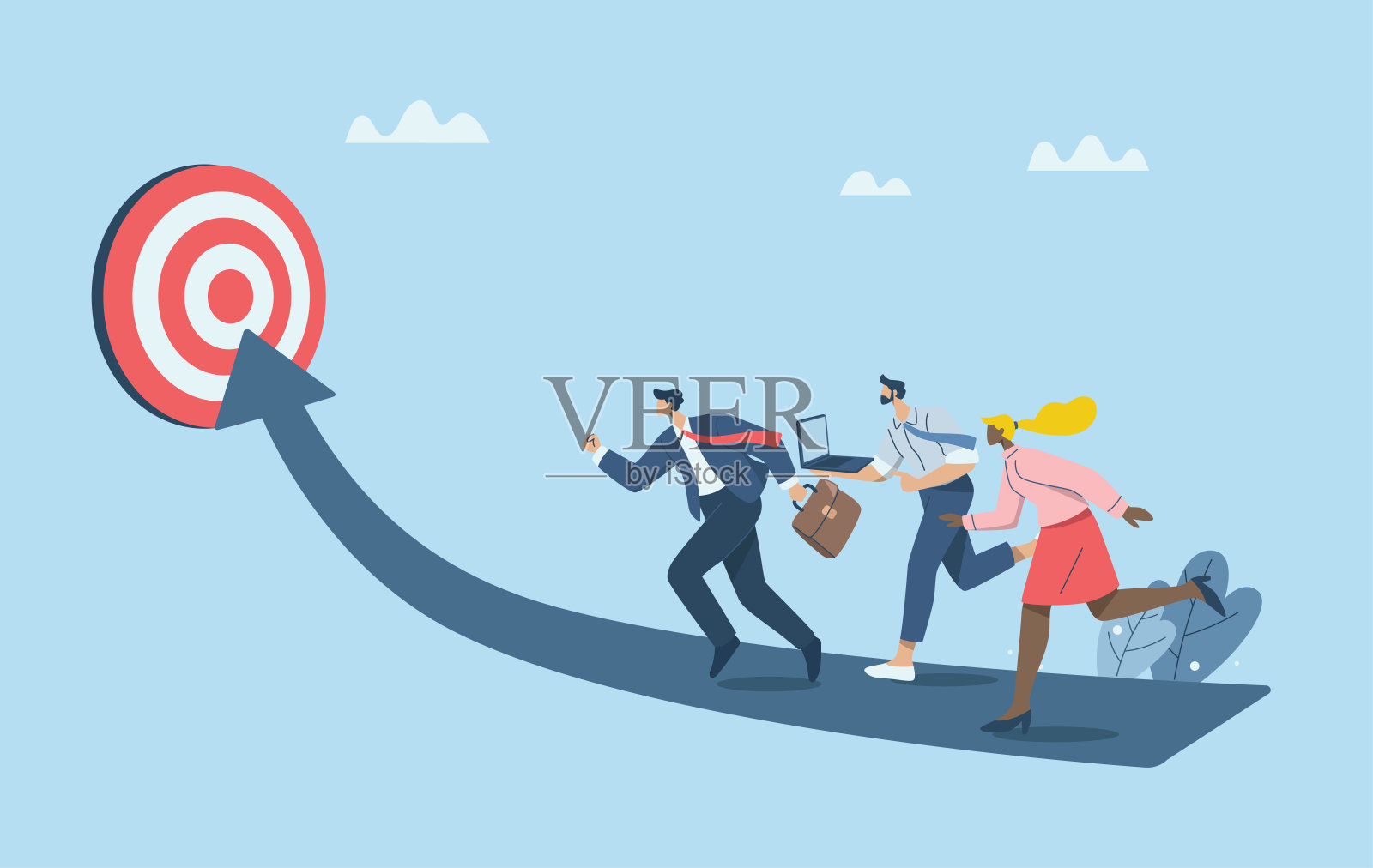 挑战职业和组织的业务增长。达到或实现业务目标的路径,业务团队朝着目标奔跑以取得成功。矢量插图。插画图片素材