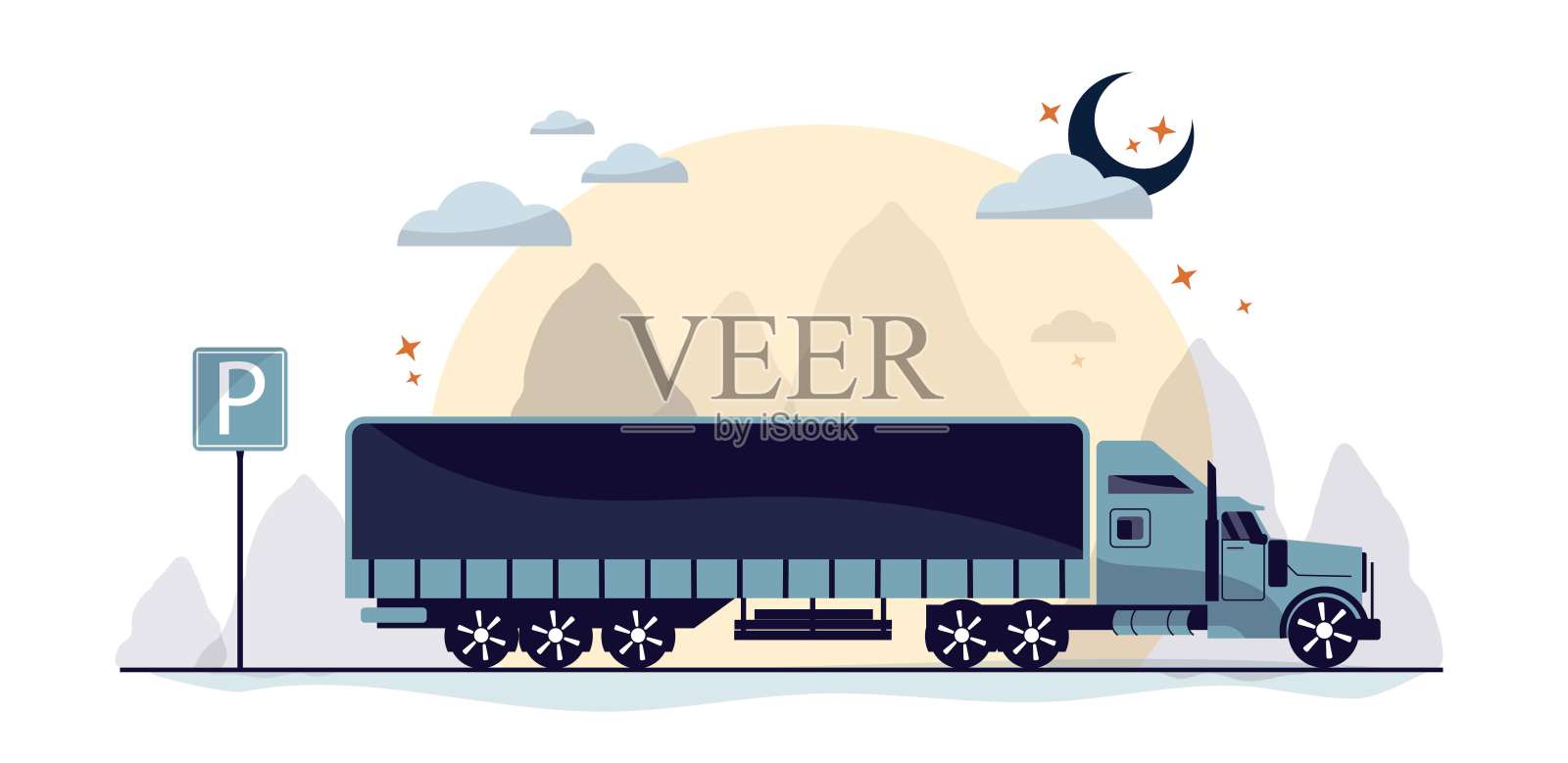 一辆美式卡车在路上行驶,在夜晚。拉负载。交通的话题。公路汽车主题。用于印刷,横幅,明信片。艺术矢量插图。插画图片素材