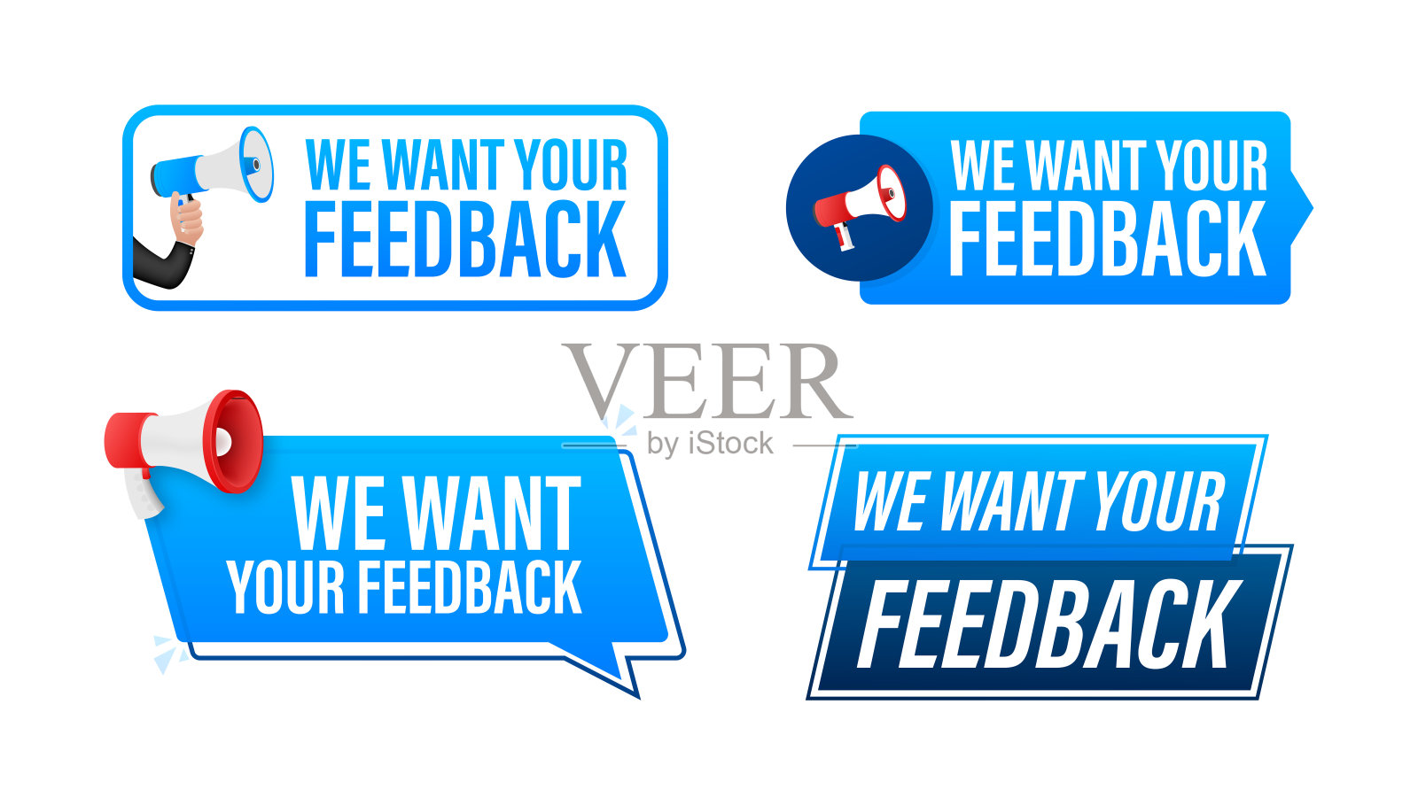 我们希望您的反馈文本与扩音器标签集。手里拿着扩音器宣传横幅。市场营销和广告插画图片素材