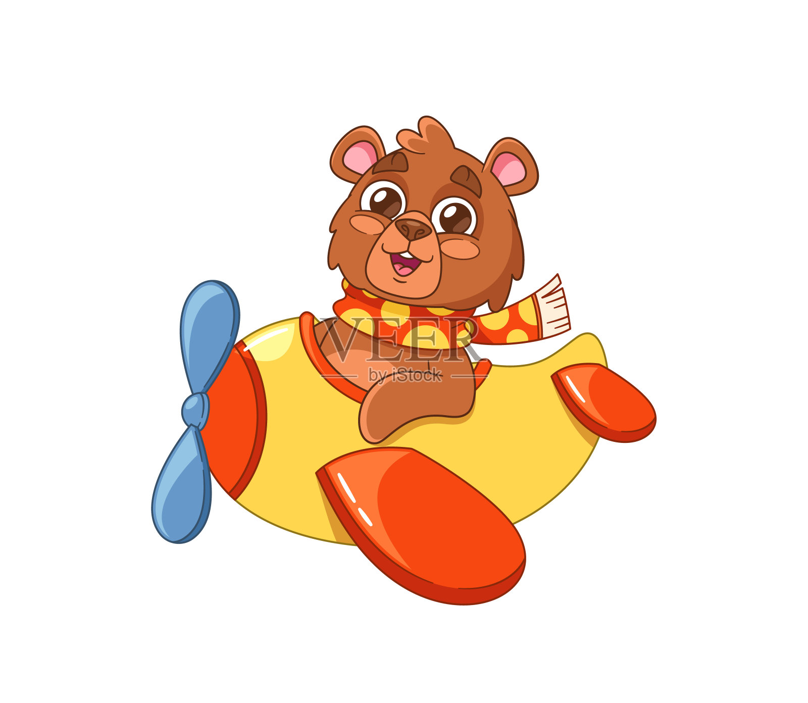 可爱的卡通熊驾驶着一架黄色和橙色的飞机。有趣的熊是愉快的微笑,散发着喜悦,向量插画图片素材