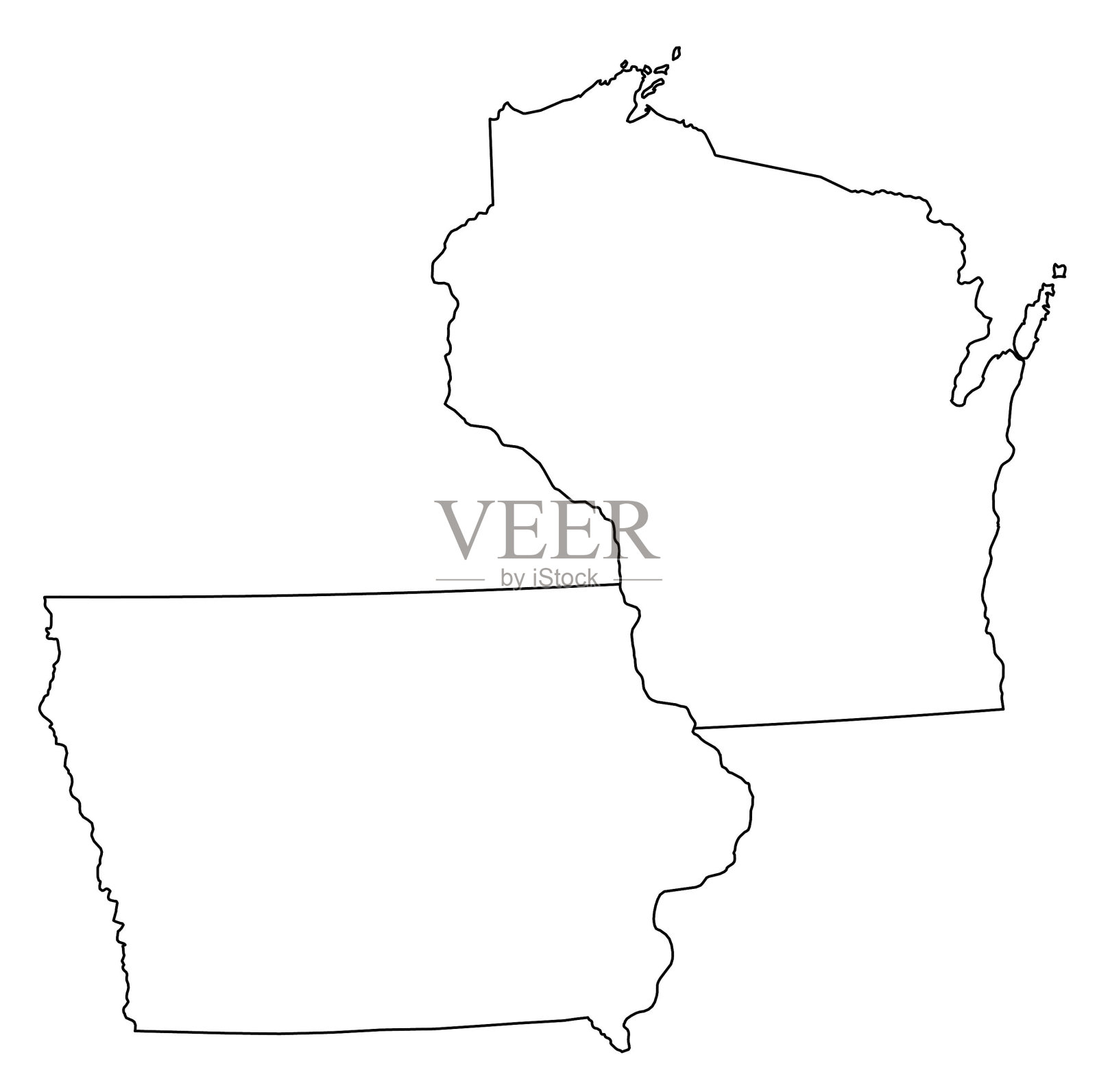 美国各州和地区的地图。美国威斯康辛州、爱荷华州地图插画图片素材