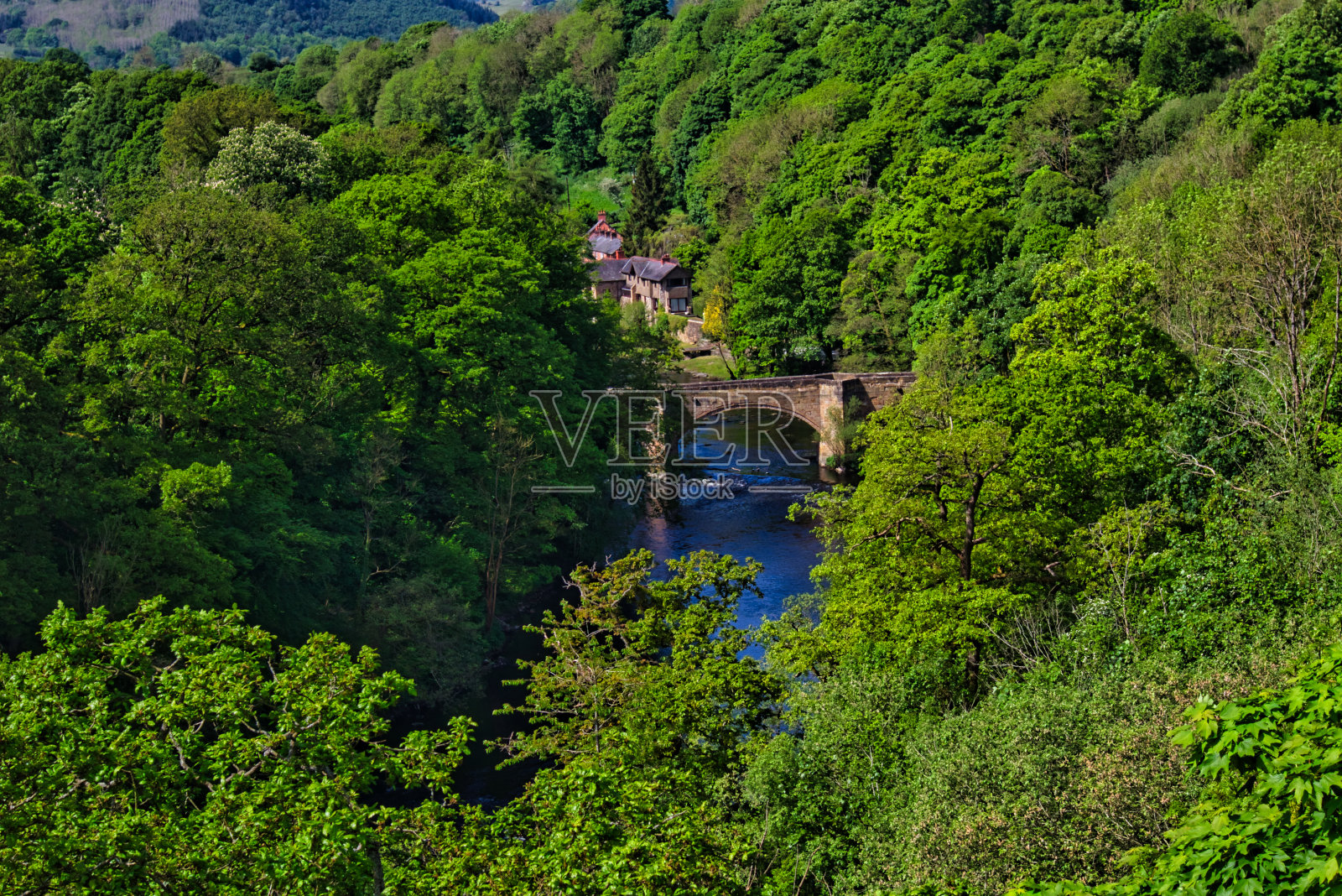 绿树间的小缝隙显示了迪河和建筑,英国威尔士雷克瑟姆郡的froncysylte照片摄影图片