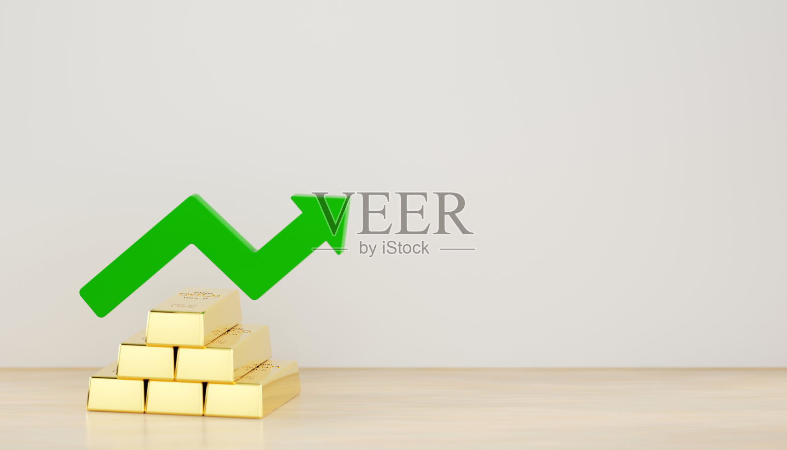 3D渲染的绿色箭头和金条,错综复杂地融入场景中,象征着财务富足和成功的投资。照片摄影图片