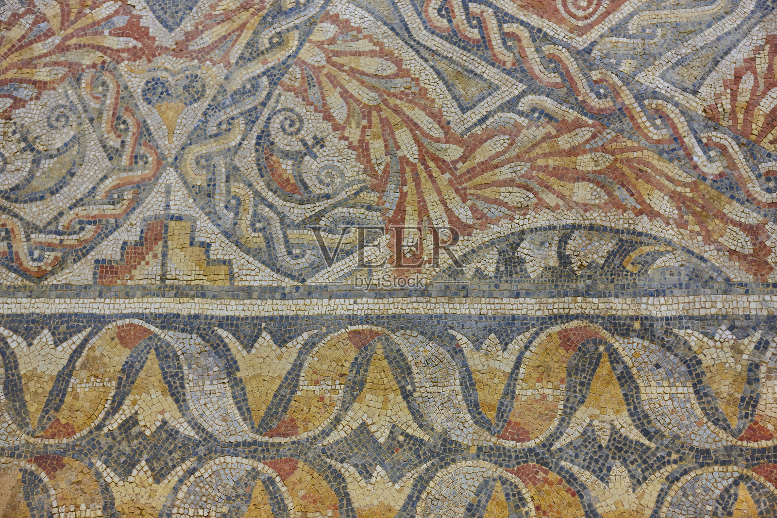 罗马马赛克瓷砖在La Olmeda村。Palencia、西班牙照片摄影图片